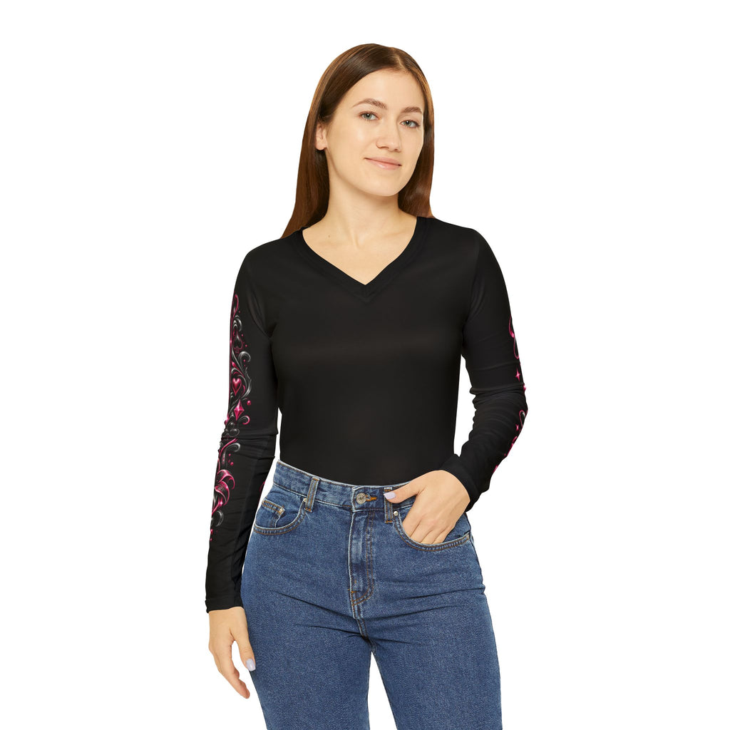 Ladies Aces Poker V-Neck Long Sleeve Shirt