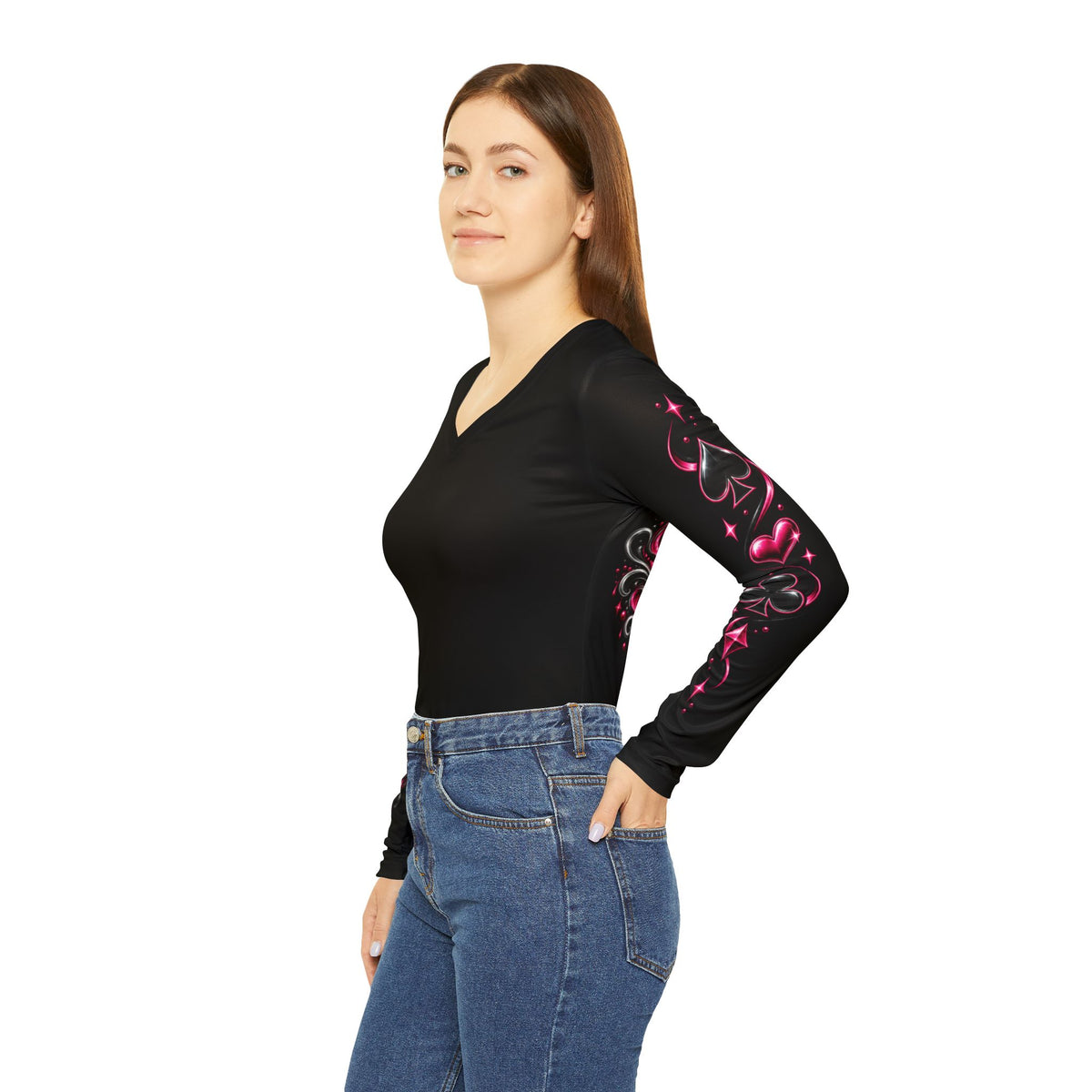 Ladies Aces Poker V-Neck Long Sleeve Shirt